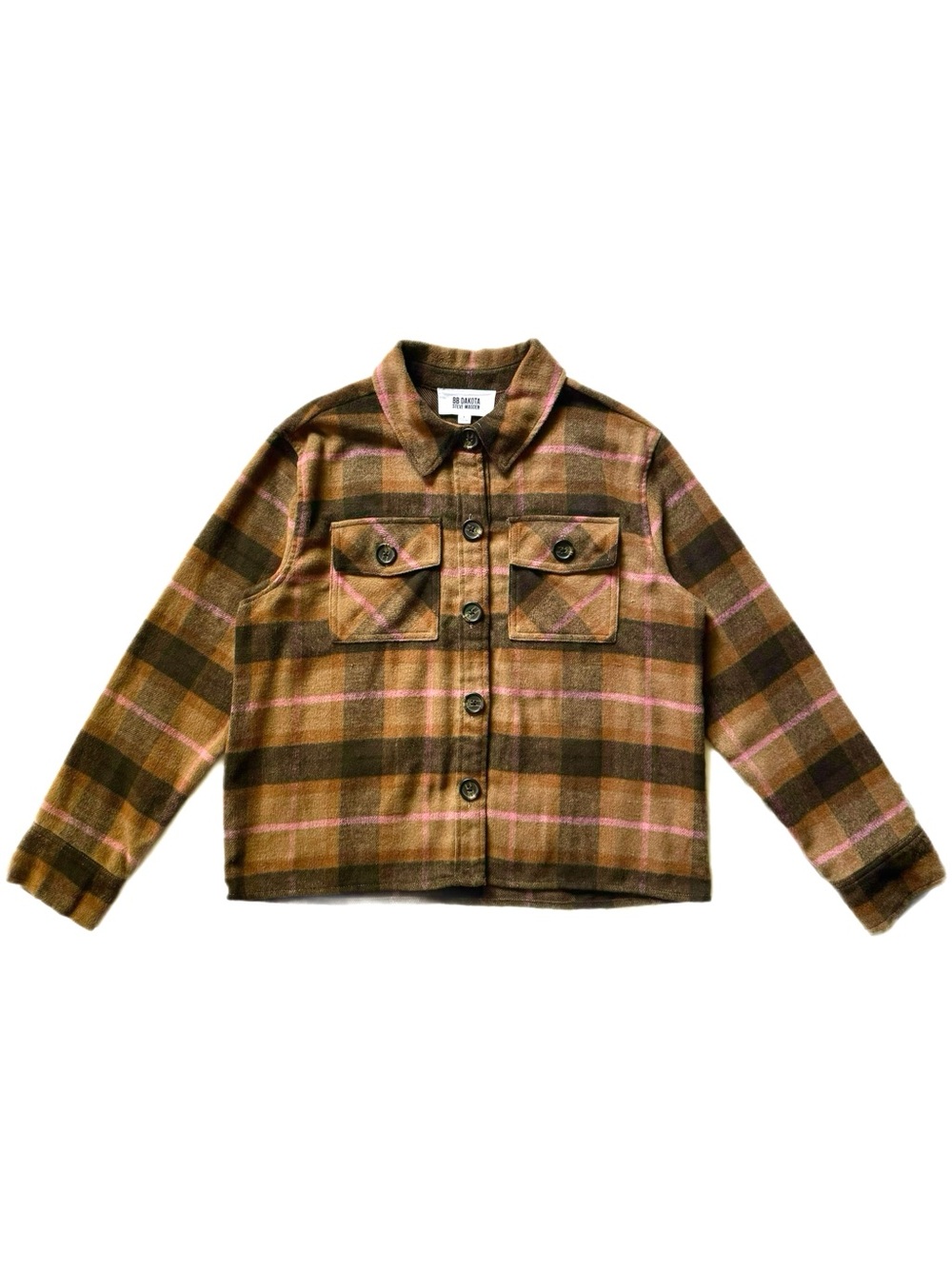 BB Dakota By Steve Madden Brown & Pink Cashew Plaid Shacket